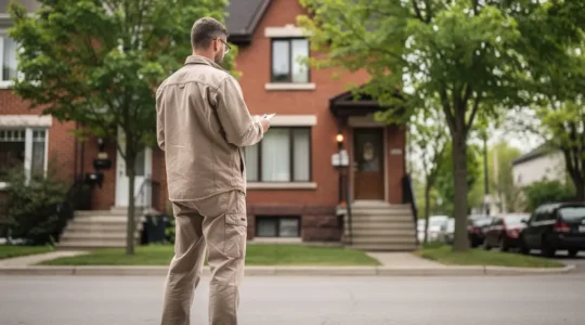 Inspecteur en bâtiment examinant façade maison résidentielle québécoise inspection préachat