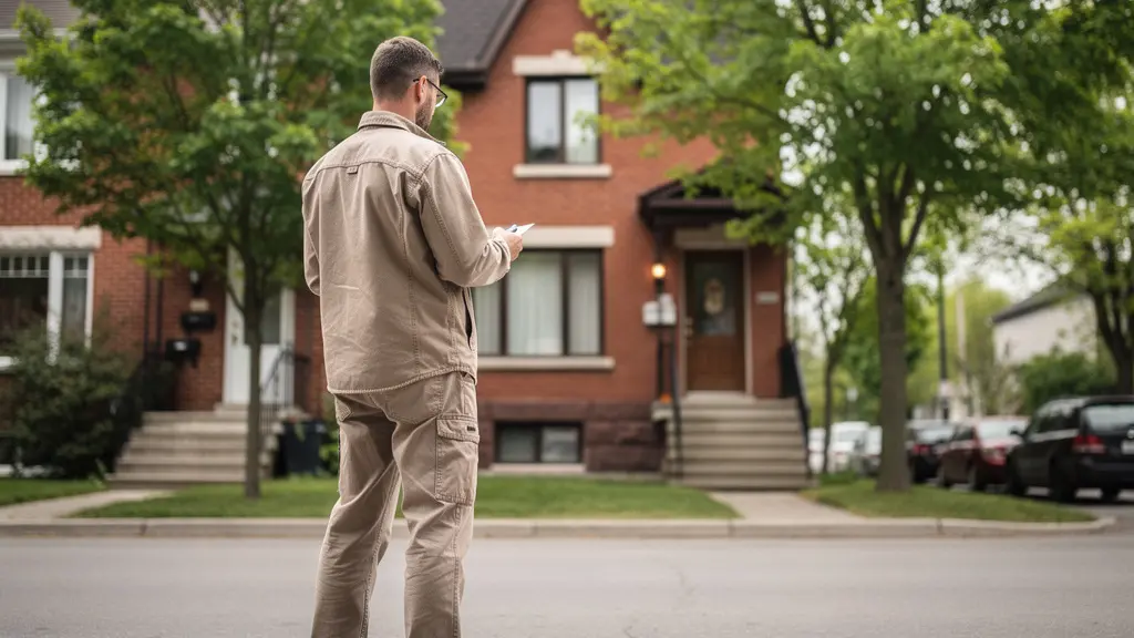 Inspecteur en bâtiment examinant façade maison résidentielle québécoise inspection préachat