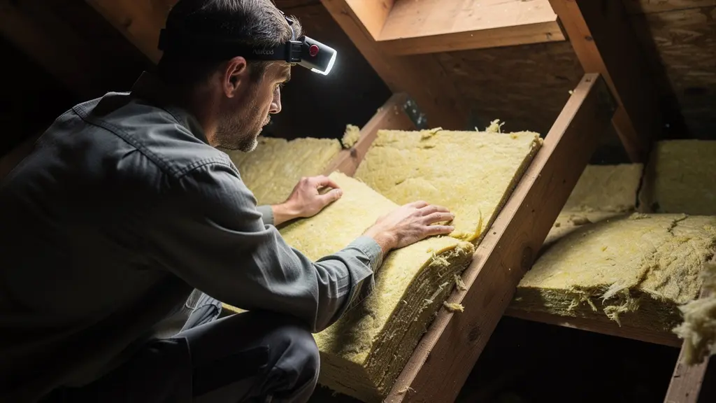 Inspecteur en bâtiment vérifiant isolation dans grenier inspection préachat